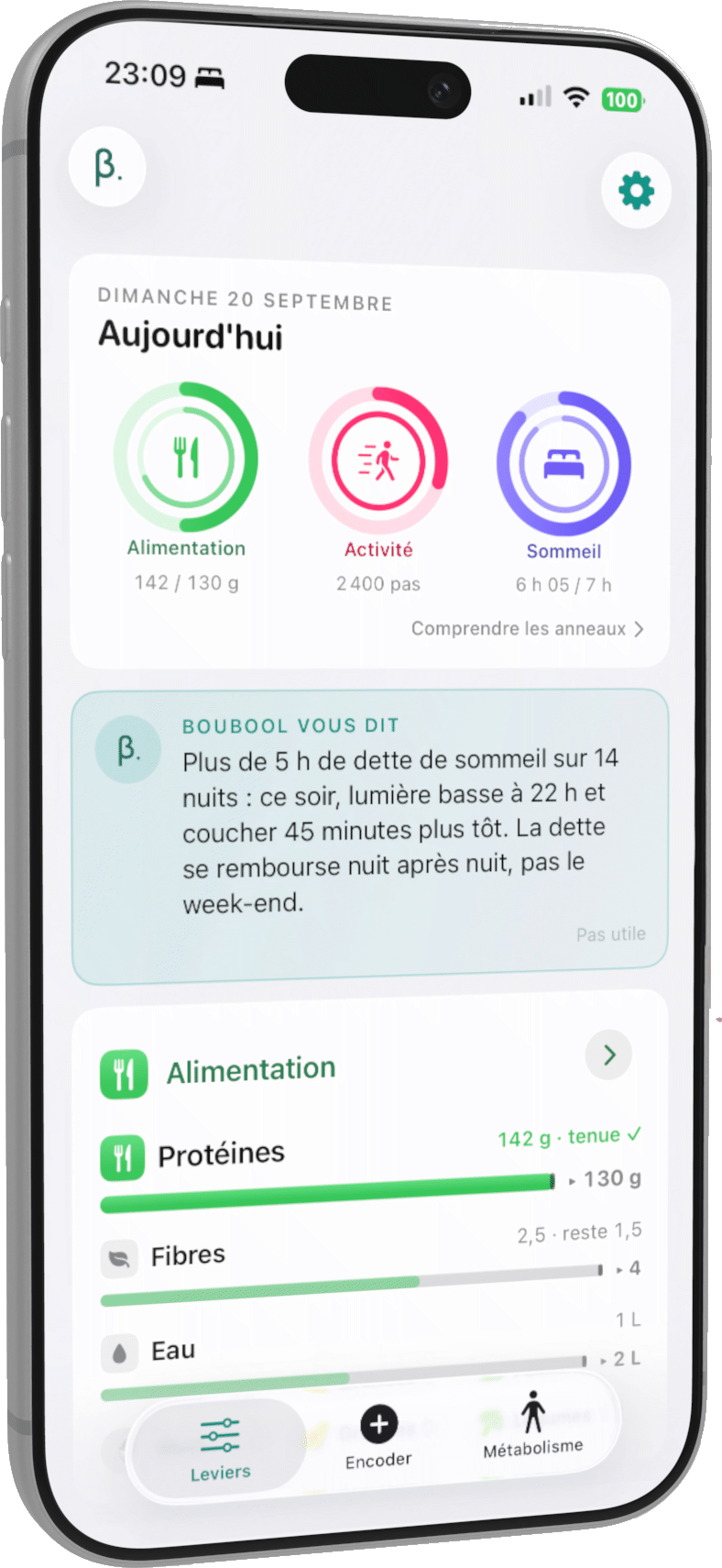 Boubool sur iPhone : les trois anneaux du jour remplis (alimentation, activité, sommeil) et le conseil personnalisé du soir
